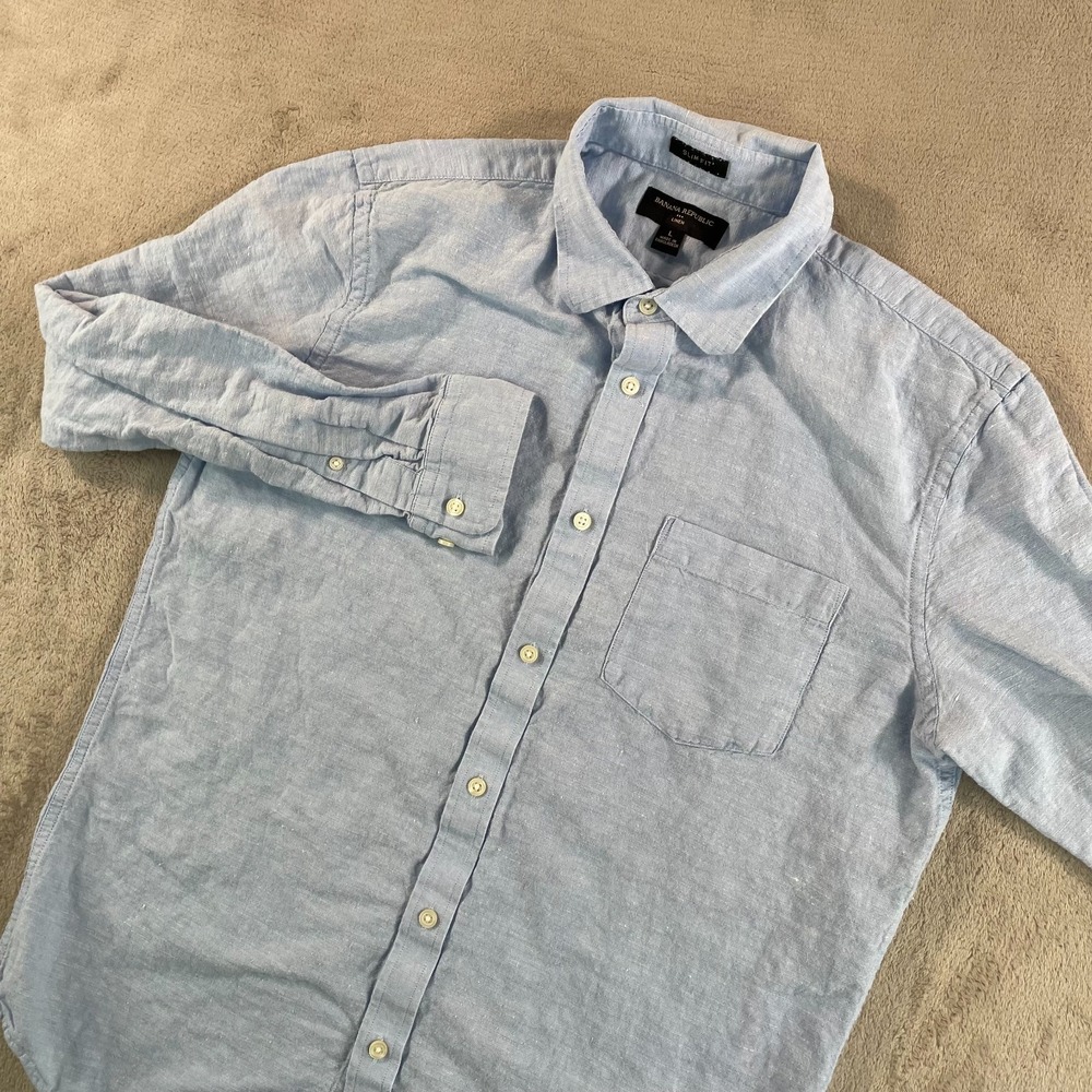 Banana Republic Slim Fit Shirt Men Large Blue Linen Blend Long Sleeve Preppy